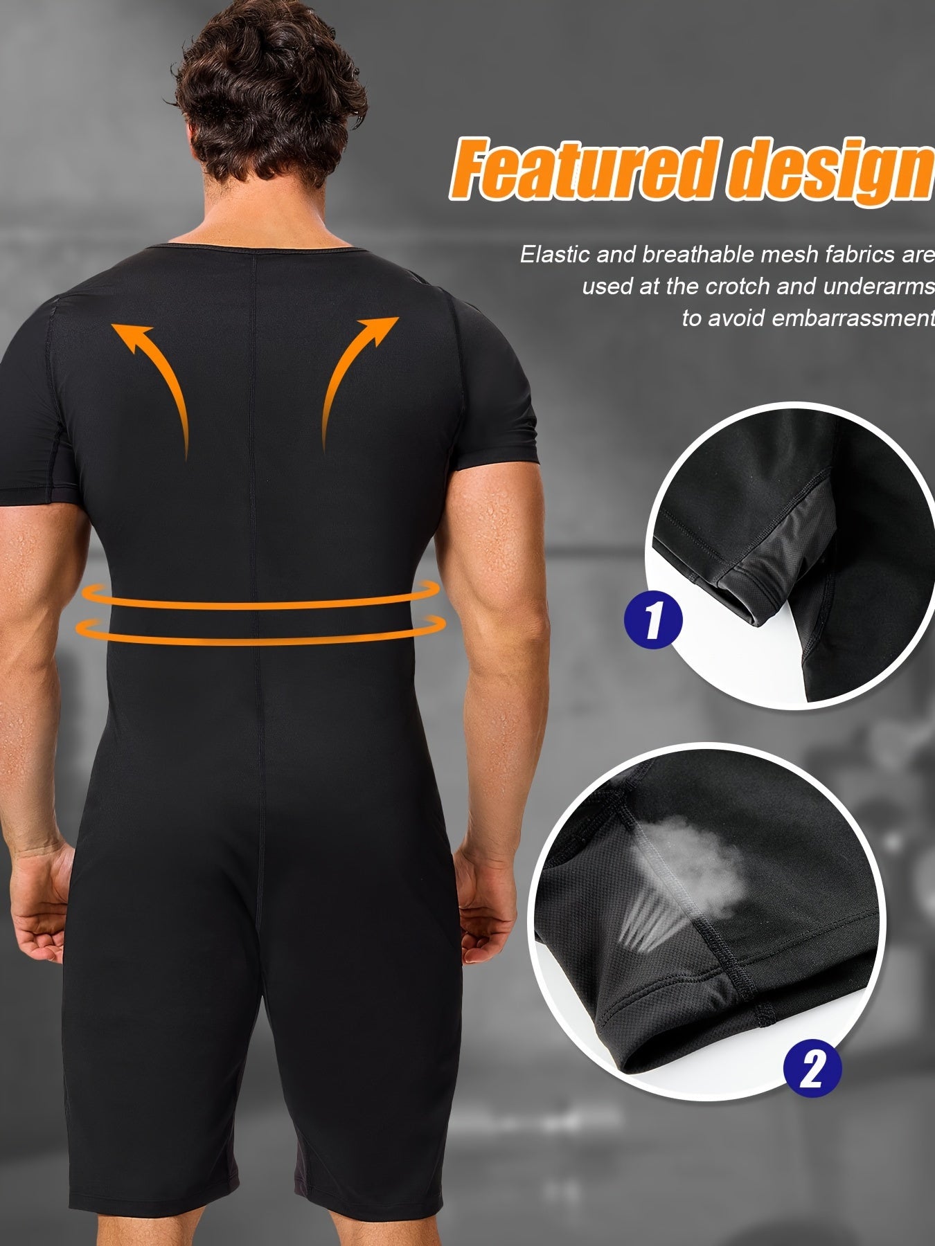 1pc Men's Thermal Fitness Jumpsuit - Full Body Sweat Suit for Training and Shaping - Polyester Zip-Up Sports Top for Gym, Yoga, Hiking, Camping - Breathable Mesh, Round Neck, Solid Color, All Seasons