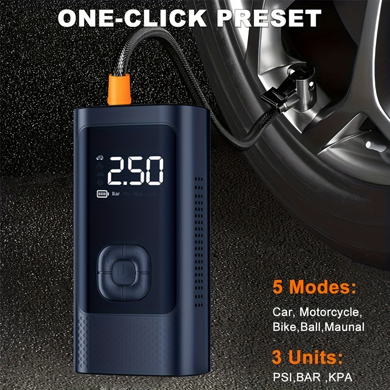 Portable electric air pump, tire inflator, intelligent air equipment, air compressor, large capacity battery, predetermined tire pressure, one-button inflation, lighting, LED digital display, suitable for cars, motorcycles, b