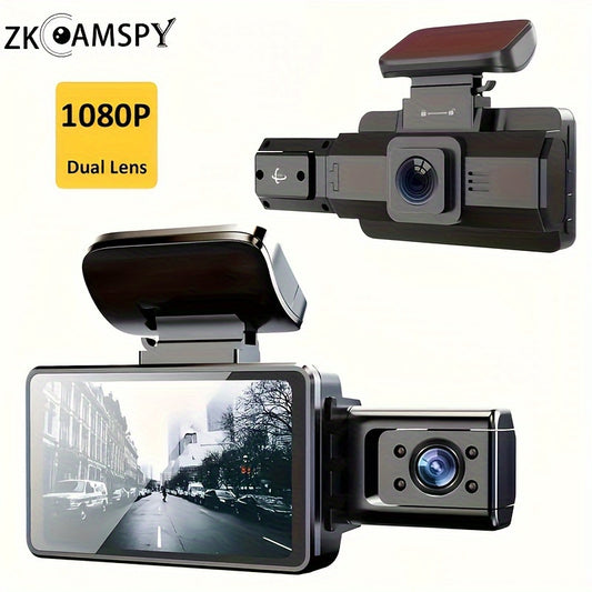 ZKCAMSPY Dual Lens 1080P Dash Cam - Front & Interior View, Wide Angle, G-Sensor, Loop Recording, Super Night Vision, Easy Install, Car DVR, 8.03cm