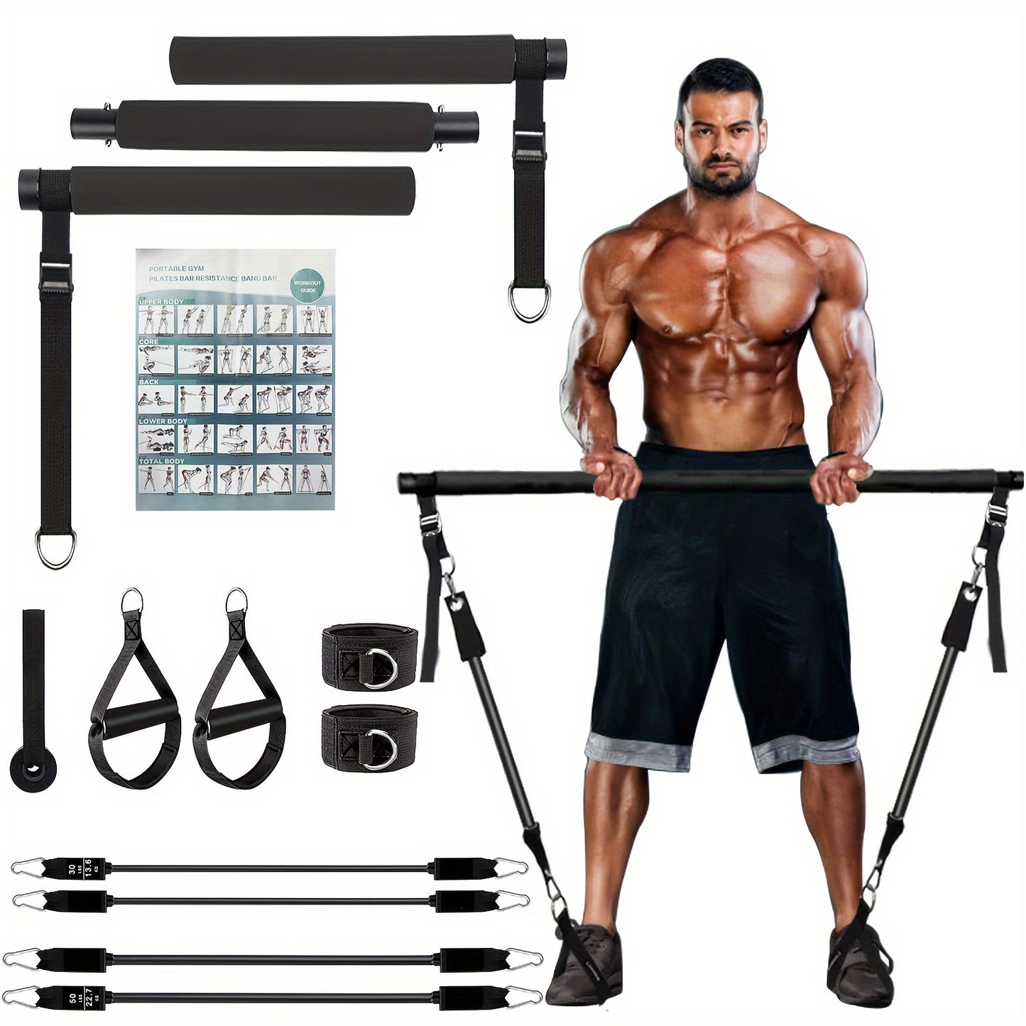 EVA Material Pilates Bar Kit with 4 Resistance Bands (30 & 22.68KG) - Adjustable, Portable Home Gym Workout Equipment Set with Comfortable Handles, Door Anchor, Ankle Straps, and Buckles for Men & Women Fitness Exercise