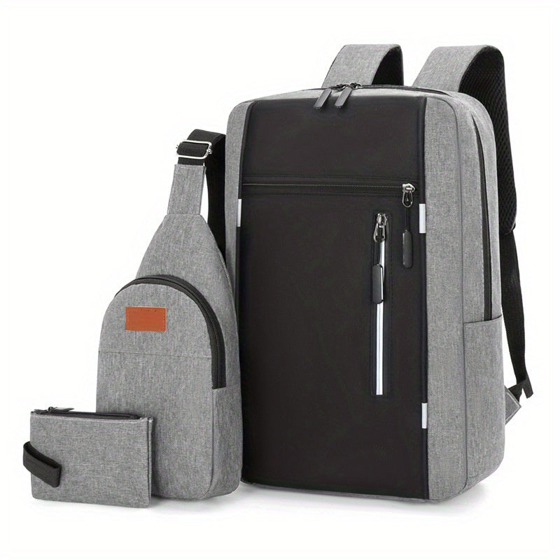 3pcs Oxford Fabric Backpack Set in Gray/Black - Waterproof, Large Capacity with Laptop Sleeve, Padded Main Compartment & Front Pocket - Ideal for Business Travel, Hand Wash Only, Multifunctional Backpack, Computer Backpack