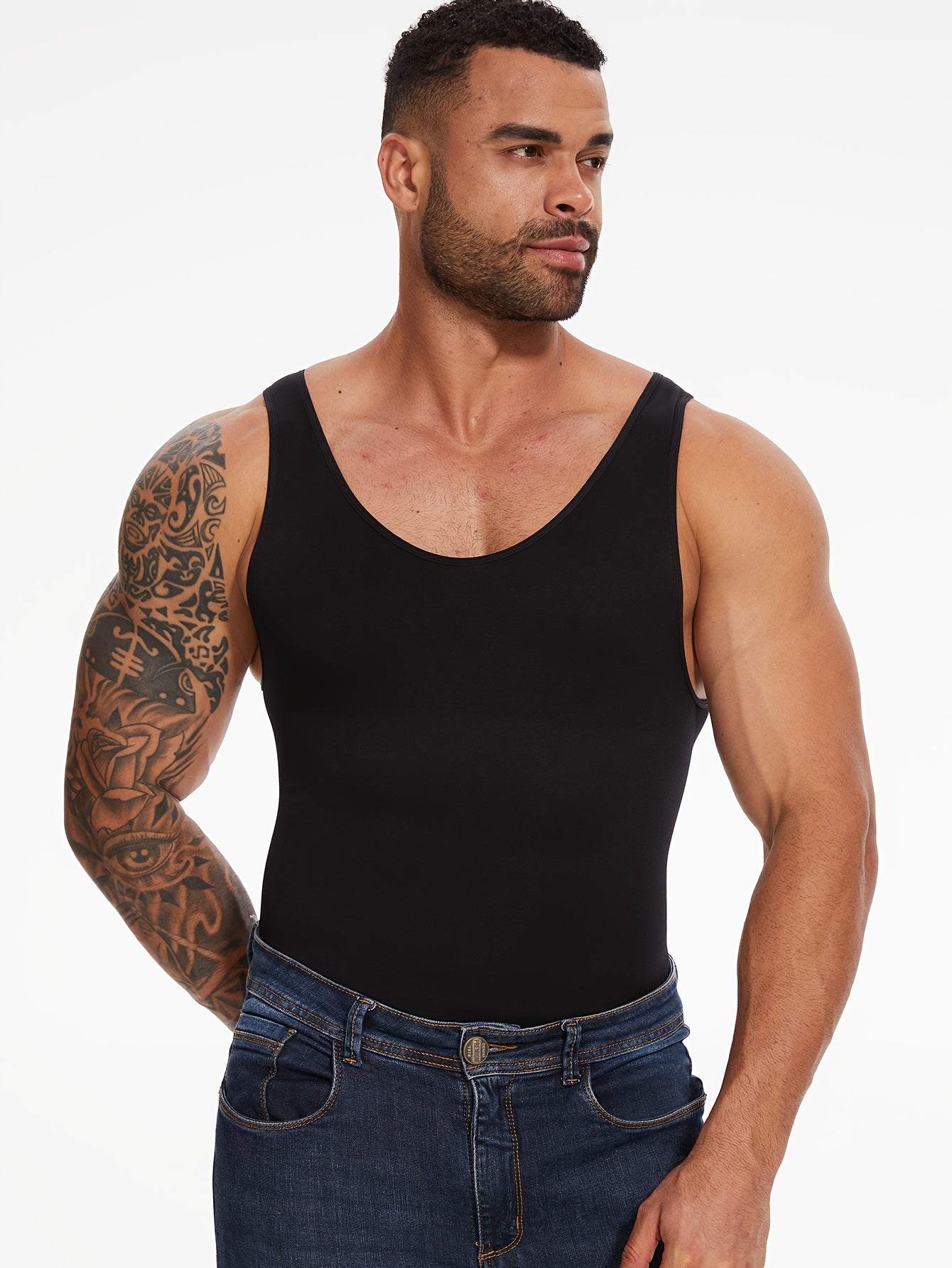 1pc Men'S Seamless Body Shaper Bodysuit - Polyamide 85% Spandex 15% High Stretch Knit Fabric, Crew Neck Sleeveless Tank Top, Solid Color Skinny Fit Shapewear with Tummy Control