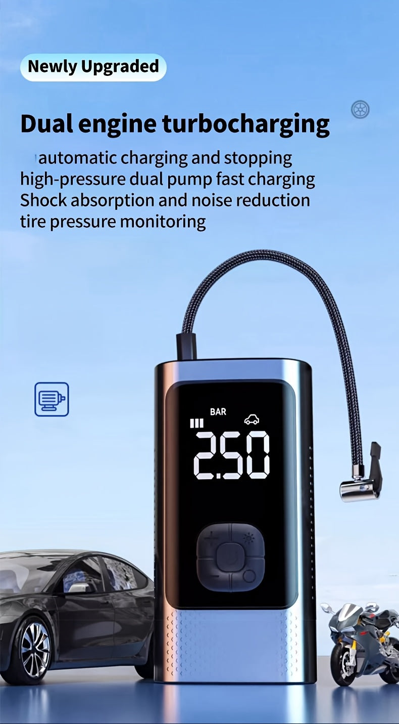 Portable electric air pump, tire inflator, intelligent air equipment, air compressor, large capacity battery, predetermined tire pressure, one-button inflation, lighting, LED digital display, suitable for cars, motorcycles, b