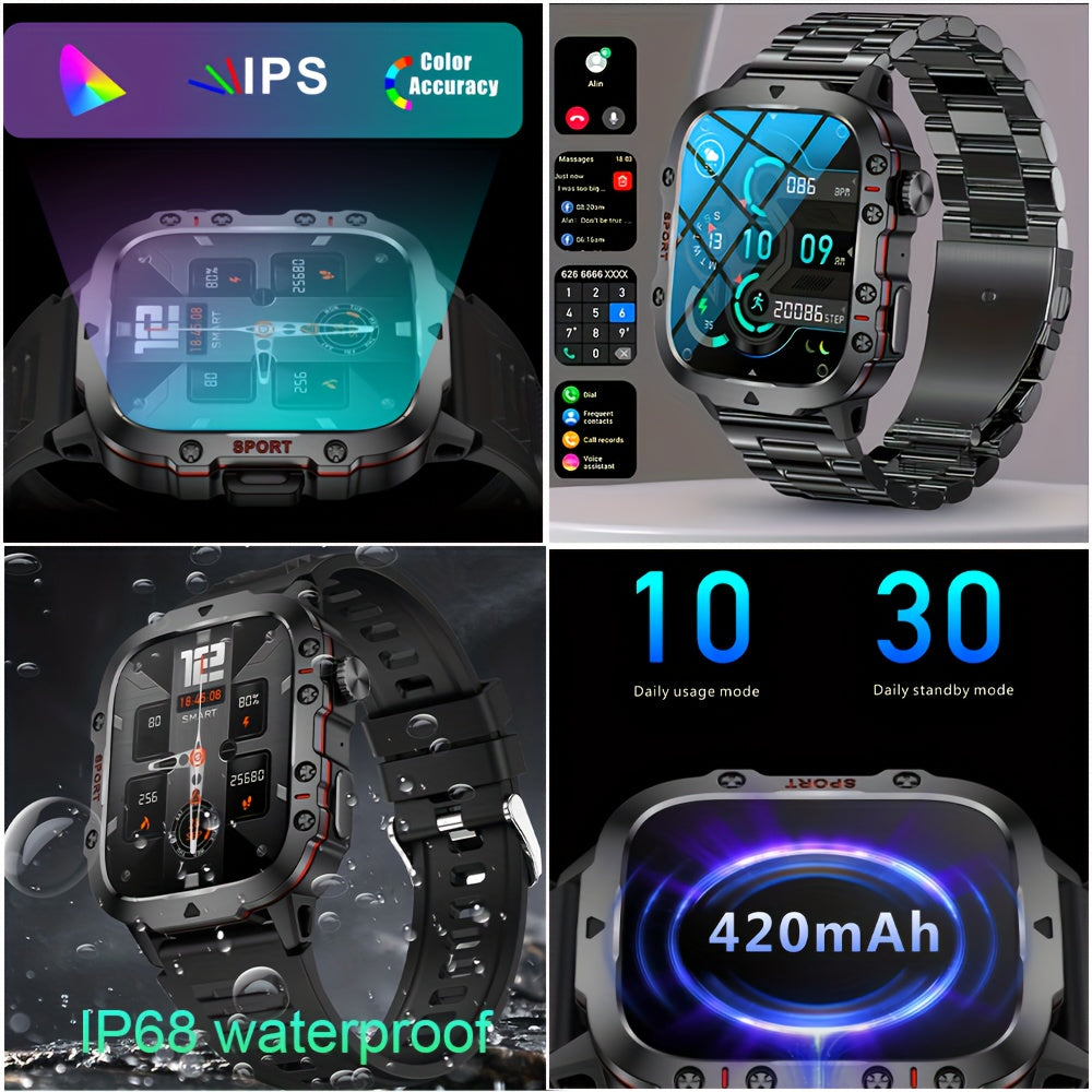 DAORKOW Rugged Smartwatch for Men with Wireless Calling, IP68 Waterproof, Fitness Tracker, AI Voice Assistant, 100+ Sports Modes, 4.98cm TFT Screen, 420mAh Lithium Battery, USB Charging, Wireless 5.0, Alloy Body & Silicone St