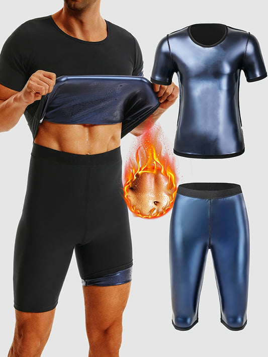 Men's Sauna Compression Sports Outfit - Sweat-Enhancing Short Sleeve Top & High Waist Shorts Set - Gym Fitness Body Shaper For Men